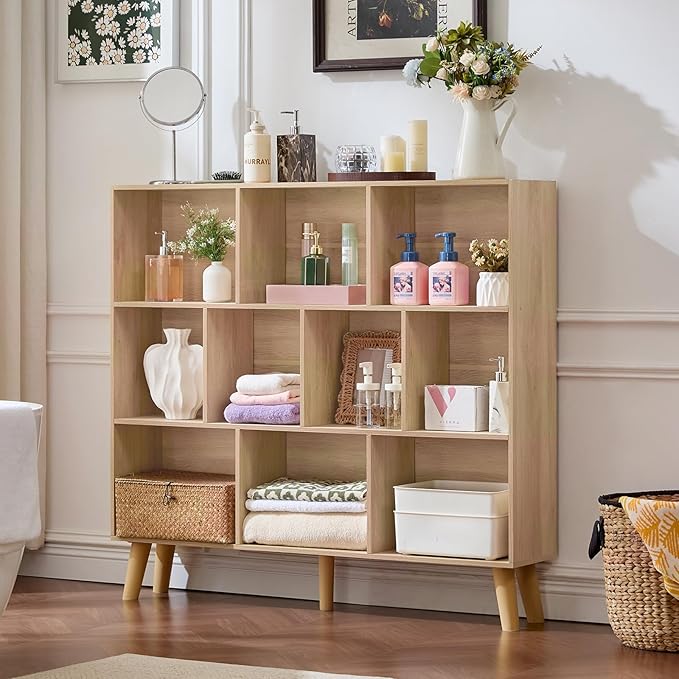 LEYAOYAO 10 Cube Bookshelf,3 Tier Modern Wide Bookcase with Legs,Mid-Century Wood Bookshelves Storage，Light Wood Large Book Case,Freestanding Organizer Display Shelf for Bedroom,Living Room,Office