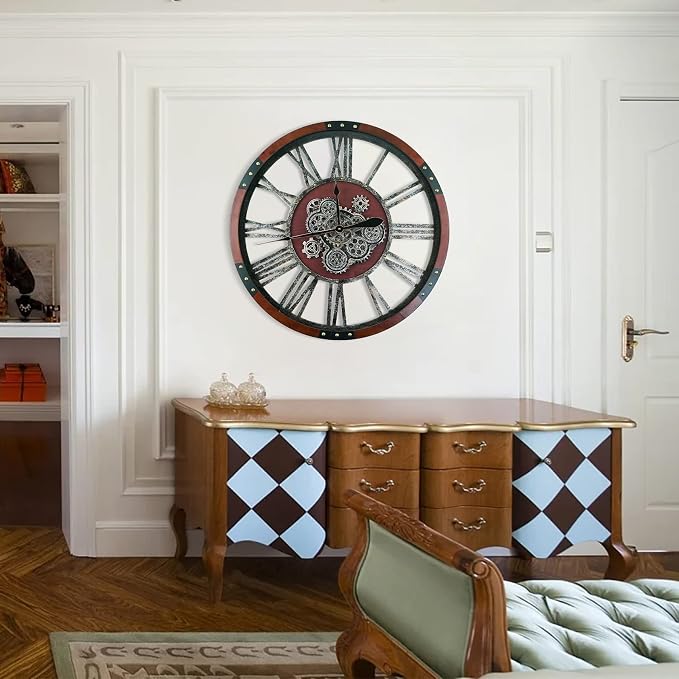 36 Inch Moving Gear Wall Clock, Oversized Wall Clocks, Clock Living Room Decor, Solid Wood Frame, Battery Operated, Large Wall Clock with Industrial for Fireplace(Black Walnut)