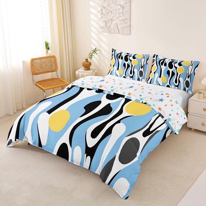 Erosebridal Mid Century Modern Abstract Duvet Cover Set Vintage Geometric Girl Toddler Bedding Set for Teenage Boys Contemporary Organic Shapes Comforter Cover Squiggle Blob Bed Sets,Blue Yellow