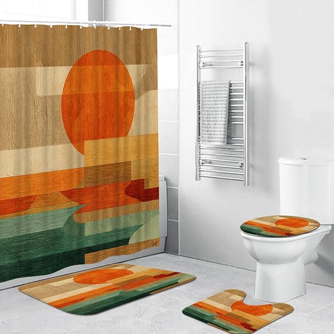 4 Pcs Geometric Wood Sunset Bathroom Set: Shower Curtain, Bath Mat, Toilet Lid Cover & Rug - Abstract Landscape Print with Hooks for Mid-Century Modern Ambiance