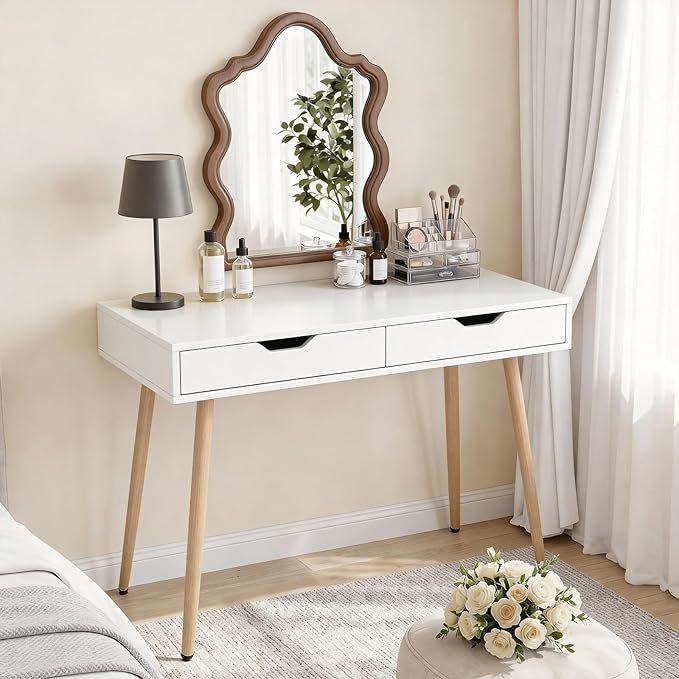 Tangkula White Writing Desk w/2 Storage Drawers, Modern Computer Desk with 4 Rubber Wood Legs, Versatile Small Study Desk for Home Office School, Vanity Table for Bedroom