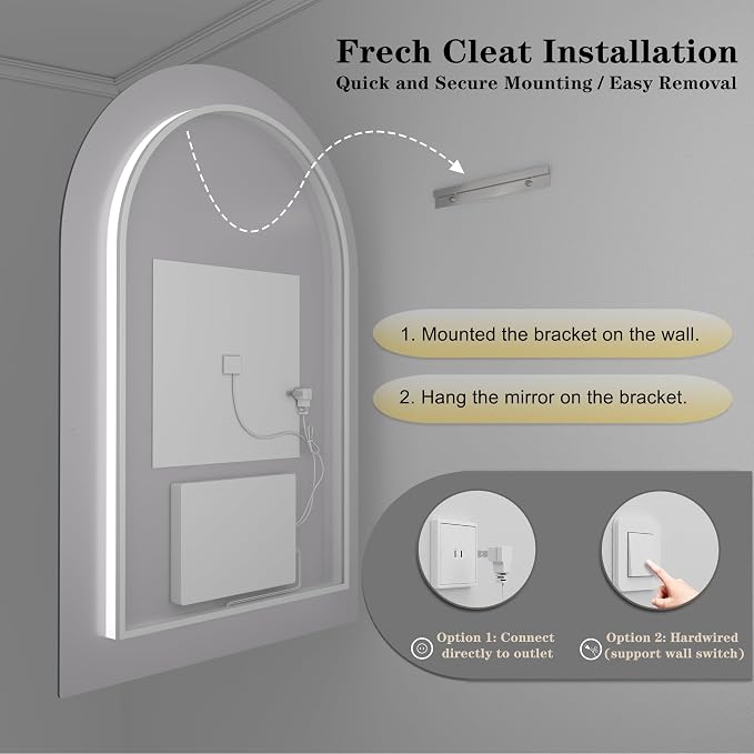 20x28 Inch Backlit Arched LED Mirror for Bathroom, Dimmable Lighted Vanity Mirror for Wall, Anti-Fog, 3 Colors, Memory, ETL Listed