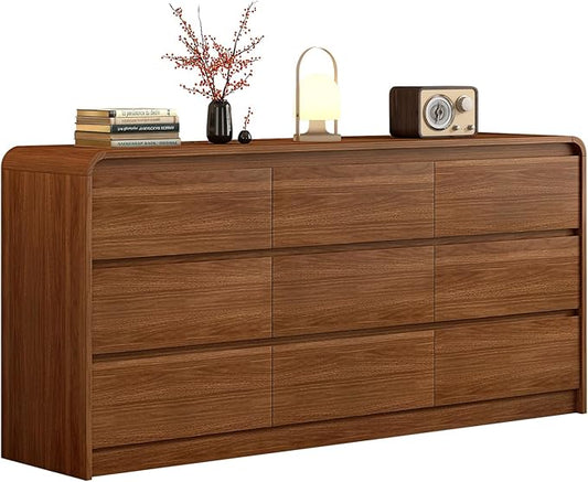Modern 9 Drawer Dresser, 63-Inch Wood Chest of Drawers, Curved Anti-Collision Design, Mid-Century Storage Cabinet, Pre-Embedded Slots, Natural Texture, for Bedroom, Living Room, TV Stand
