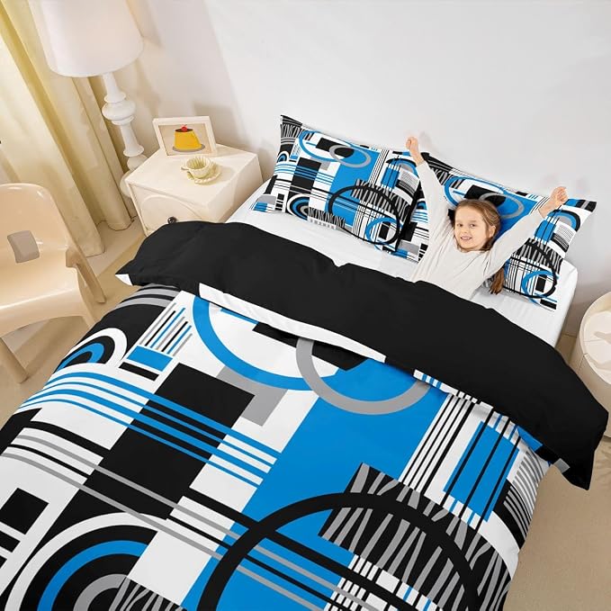 Erosebridal Art Deco Mid Century Duvet Cover Set Retro Modern Abstract Geometric Queen Bedding Set for Teenage Boys Black and White Blue Circles Stripes Comforter Cover Contemporary Bed Sets