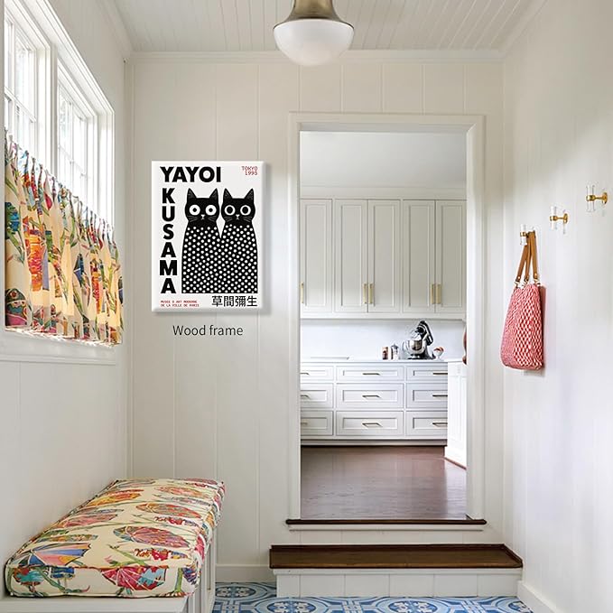 Black and White Cute Abstract Cat Wall Art Japanese Yayoi Kusama Canvas Poster 16X24 inch Framed Modern Fashion Minimalist Painting for Living Room Wall Decor Cat Lover Gifts