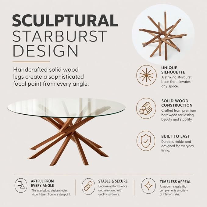 Round Glass Coffee Table-Mid Century Modern Circle Coffee Table with Unique Solid Wood Mortise Interlocking Starburst Legs Design for Living Room,Office,Hotel Lobby,Commercial Environments