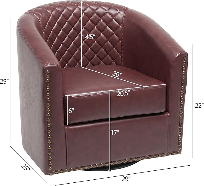 KINWELL 29" Wide Tufted Faux Leather Swivel Barrel Chair Set of 2, PU Leather Modern Upholstered Accent Chairs with Nailhead Trim, Small Armchair for Living Room Bedroom, Red