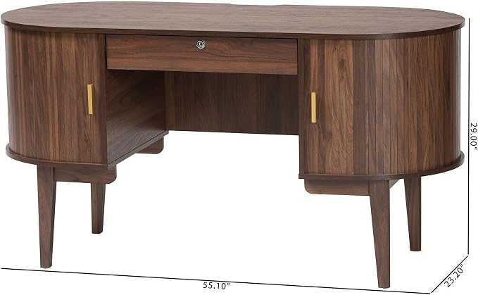 Baxton Studio Hayes Wood Writing Desk - Mid-Century Modern Oval Desk with Locking Drawer and Sliding Tambour Doors for Office or Home