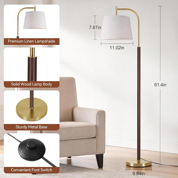 SUNMORY Wood Floor Lamp for Living Room, Mid Century Modern Floor Lamp with 3 Color Temperatures Bulb, Arc Standing Lamp with Adjustable Lampshade, Tall Reading Lamp for Bedroom, Corner, Office