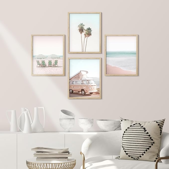 SIGNWIN Framed Collage Print Gallery Set 1980s Retro Miami Wall Art, Set of 4 Beach Landscape Wall Decor Prints, Nature Wilderness Wall Décor for Living Room, Bedroom - 8"x10" Natural