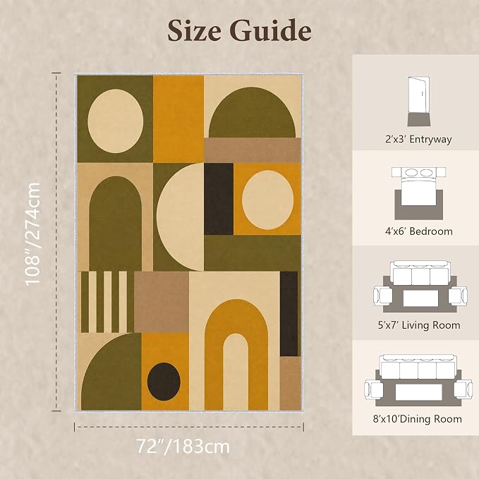 Olive Bauhaus Area Rug 6x9, Mid Century Modern Geometric Rug, Mustard Green Abstract Color Block Washable Low Pile Non Slip Rug for Living Room Bedroom