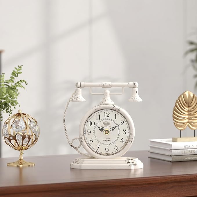 Vintage Table Clock, Desk and Shelf Decor Clock, White Antique Telephone Style Mantel Clocks, for Living Room, Farmhouse, Bedroom, Bedside, Gift (7.3" H x 7.3" W)