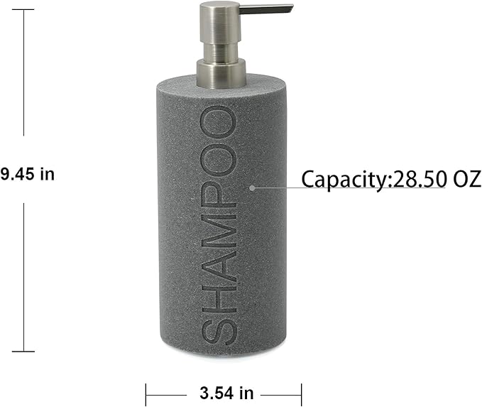 Resin Neutral Gray Sandstone Shampoo Engraved Bottle Refillable Pump Dispenser, Durable Waterproof Resin Construction for Bath, Shower - Gray Sandstone Satin Nickel Pump