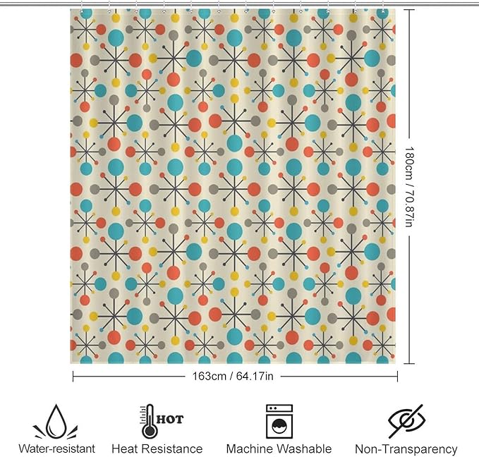 Mid Century Modern Shower Curtain,Atomic Retro Colourful Geometric Polka Dots Stripe Vintage 1950s Bathroom Curtain Polyester Waterproof Fabric Decor 66x72in（168x183cm）