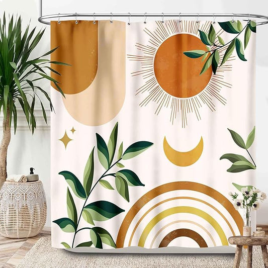 Boho Leaf Shower Curtains,Bohemian Modern Abstract Tropical Palm Leaves Plant Mid Century Summer Modern Bathroom Decor Set with Hooks,72x72Inch