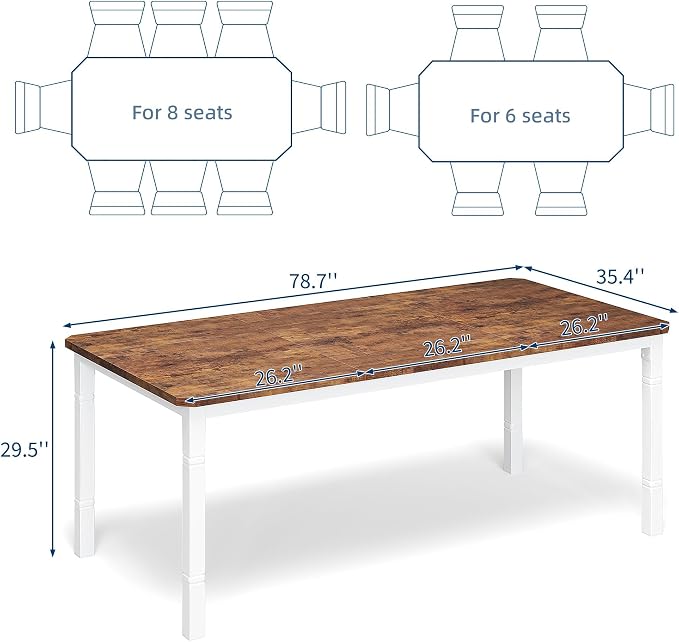 IDEALHOUSE 79" Dining Table for 6-8 People, Modern Rectangular Kitchen Table with Sturdy Metal Legs, Large Wood Farmhouse Dining Room Table for Home Office, Conference, White & Retro