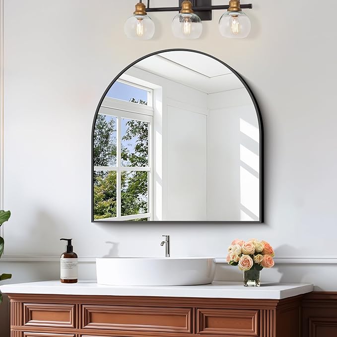 CIRCUMI Arched Wall Mirror, 30"x30" Black Arched Mirror with Tempered Glass, Metal Frame, Large Size for Entryway Table, Mantel,Living Room,Over Sink,Arch Mirror for Decor,Shatterproof&Crystal-Clear