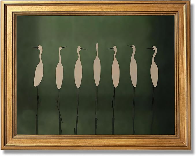 Vintage Crane Canvas Wall Art Prints Elegant White Birds on Deep Green Posters Retro Trendy Heron Painting Modern Minimalist Peaceful Nature Home Decor for Living Room 24x36inch Golden Frame