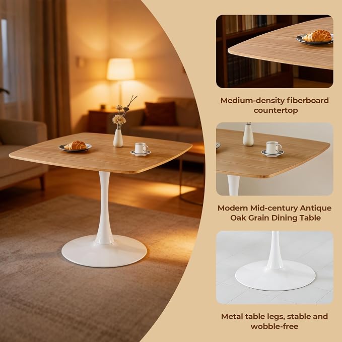 42 Inch White and Oak Square Dining Table for 4-6 Person,Mid-Century Oak Tulip Table Kitchen Dining Table with MDF Tabletop and Pedestal Base for Home Kitchen