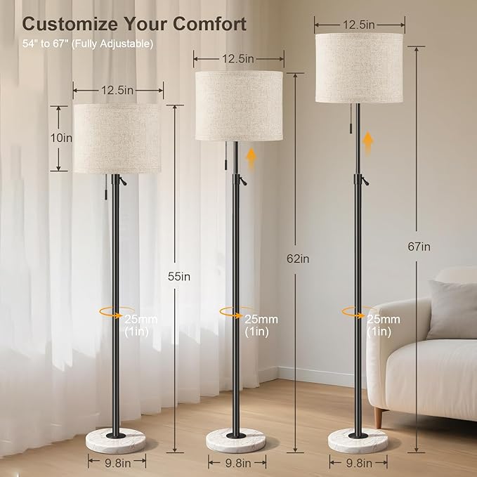Floor Lamp for Living Room - Adjustable Height Standing Lamp with Marble Base & Linen Shade - Tall Pole Floor Light with 3 Color Temperatures Bulb for Bedroom, Reading - Easy Assembly