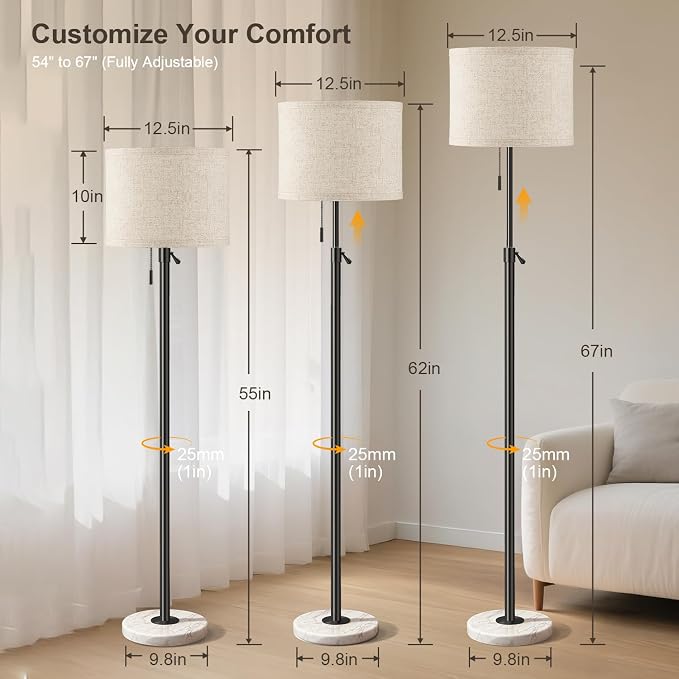 Floor Lamp for Living Room - Adjustable Height Standing Lamp with Marble Base & Linen Shade - Tall Pole Floor Light with 3 Color Temperatures Bulb for Bedroom, Reading - Easy Assembly