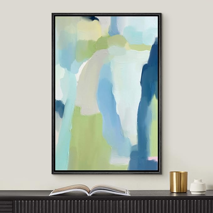 MUDECOR Framed Canvas Print Wall Art Vibrant Green Blue Pastel Watercolors Abstract Shape Illustrations Modern Art Decorative Bohemian Colorful Chic for Living Room, Bedroom, Office - 24"x36" Black