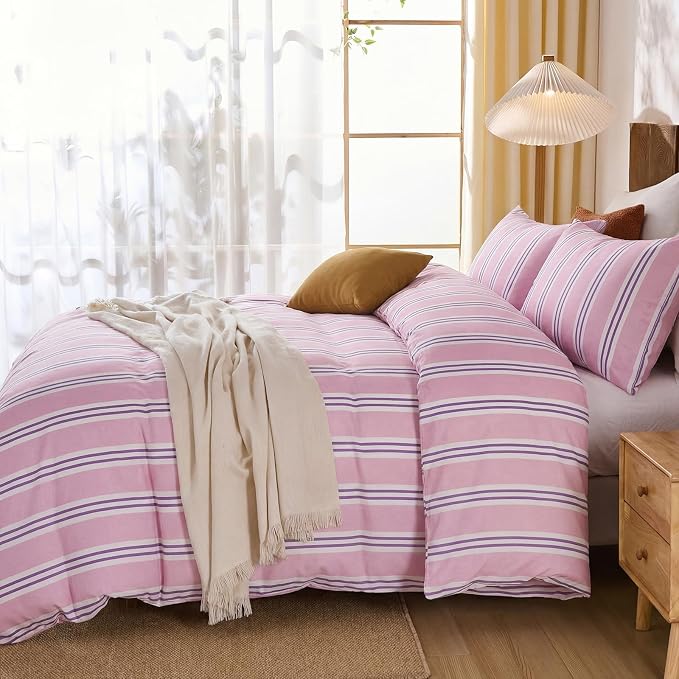 Merryword Striped Duvet Cover Set Queen Size - 100% Cotton Duvet Cover Set, Purple Ribbon Stripes Pattern Comforter Cover 3 Pieces, Soft Linen Like Bedding Set for All Seasons