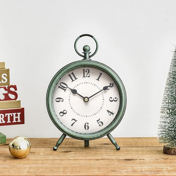 EMAX HOME Vintage Rustic Green Table Clock on Stand, Decorative Desk and Shelf Clock，Decorative Battery Operated Table Top Clock for Living Room，Silent Non-Ticking