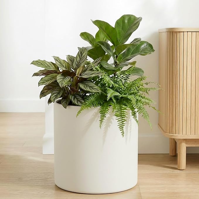 Beige Metal Plant Pot with Drainage Hole,7 Inch Mid Century Modern Small Pot Indoor Outdoor Planters for Succulents, Flowers & Home Decor Gift Window Living Room