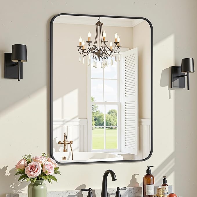 Bathroom Mirrors for Over Sink 22" x 30", Black Metal Frame Rounded Corner Rectangle Wall Mirror, Modern Farmhouse Vanity Mirror(Horizontal/Vertical)