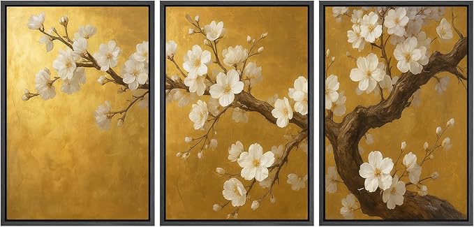 wall26 Framed Canvas Print Wall Art Set Golden Cherry Blossom Tree Elegant Floral Illustrations Fine Art Decorative Rustic for Living Room, Bedroom, Office - 16"x24"x3 Black