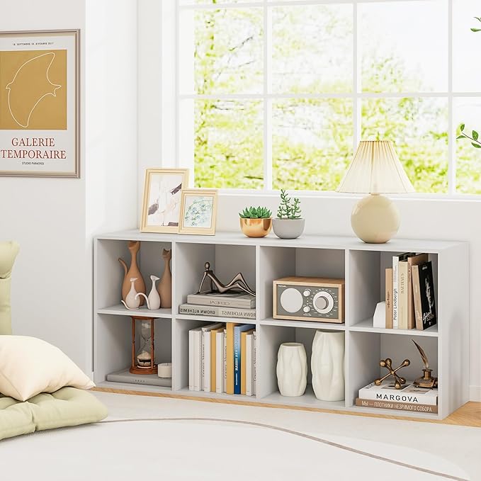 DREAMADE 8 Cube Storage Organizer, 2 Tier Multipurpose Display Shelf w/Open Storage & 2 Anti-Tipping Kits, 8-Cube Wooden Bookcase for Living Room, Bedroom, Study, Home, Office (White)