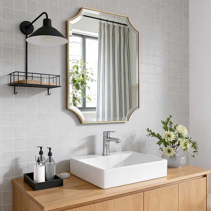 POZINO Brushed Gold Beveled Mirror, 22"x30" Brass Bathroom Vanity Mirror for Over Sink, Modern Rounded Rectangle Mirrors for Bedroom Living Room Fireplace Entryway, Hangs Horizontal Or Vertical