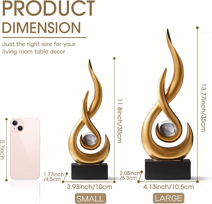 FJS Gold Decor Modern Flame Statue Home Decorations for Living Room, 13.7" H Resin Sculptures Home Décor Accents, Abstract Art Sculpture for Dining Room Office Coffee Table Centerpiece