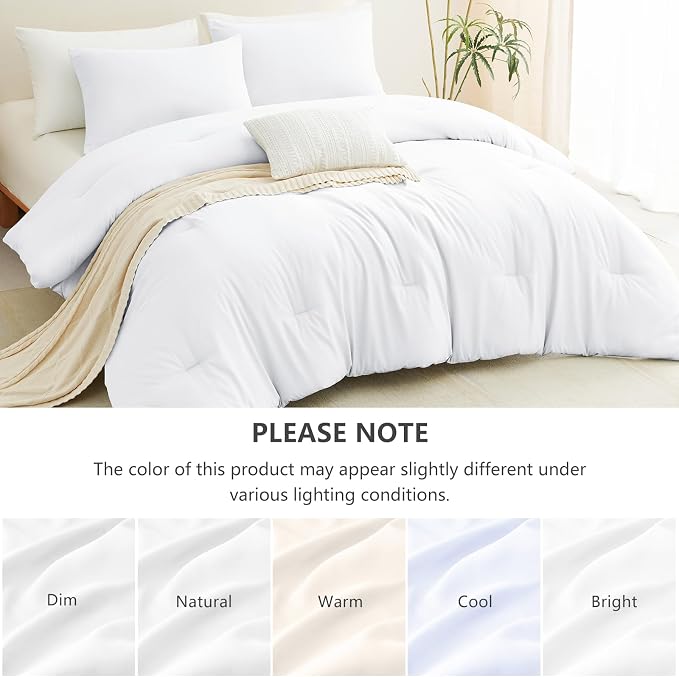 CozyLux Twin Comforter Set College Dorm Essentials, 2 Pieces White Twin Extra Long Solid Bedding Sets, Twin XL Bed Set with Down Alternative Comforter and 1 Pillowcase, Back to School Room Gift