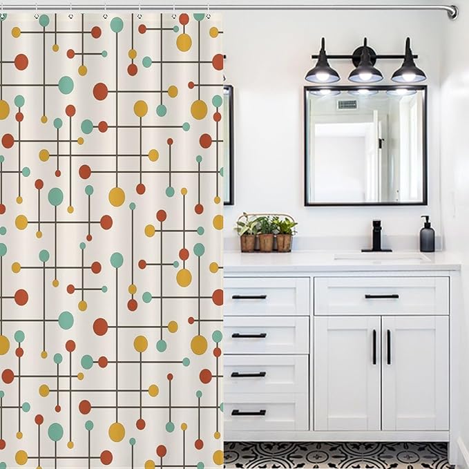 Vintage Atomic Geometric Shower Curtains, Modern Mid Century Classic 70s Lconic Colorful Pattern Washable Waterproof Fabric for Bathroom Decor Bathtub with 12 Hooks 55x72in（140x183cm）