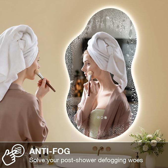 Irregular Cloud Backlit Bathroom Mirror 20x32 Inch, LED Vanity Mirror with Lights Anti-Fog, Dimmable 3 Colors, 4mm Tempered Glass, Horizontal/Vertical Wall Mount for Bathroom or Makeup Area