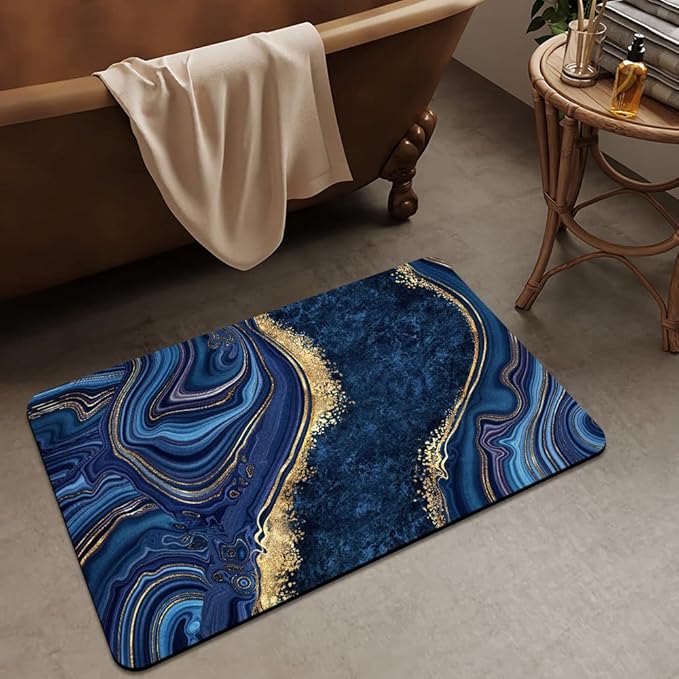 Bath Mat Rug,Dark Blue Gold Marble Non Slip Quick Dry Super Absorbent Thin Bathroom Rugs Fit Under Door-Easy to Clean Bathroom Floor Mats-Shower Rug for Shower Sink Bathtub(20" x 31"in)