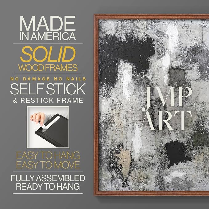 Renditions Gallery Set of 2 Peel & Stick Framed Prints, Abstract Wall Art, Hand Painted Black and White Pattern Wall Decor, Re-Stickable - Ready to Hang - 11"x14" - Walnut Frame LT588