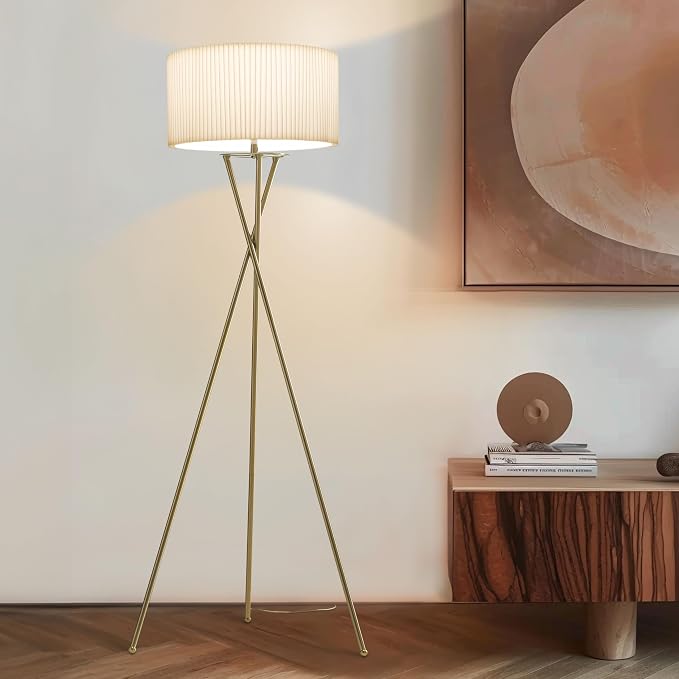 Brightech Jaxon Tripod Floor Lamp with Pleated Drum Shade, Modern Lamp for Living Room & Office, Contemporary and Elegant LED Lamp, Gold Standing Lamp for Bedroom Reading, Home Decor - Brass