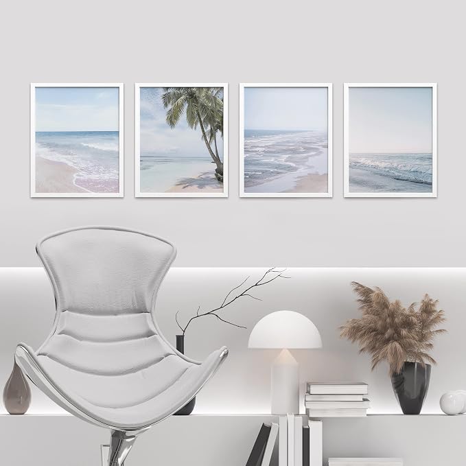 SIGNWIN Framed White Pastel Tropical Island Ocean Beach Shore Wall Art, Set of 4 Landscape Colorful Wall Decor Prints, Nature Wilderness Wall Décor for Living Room, Bedroom - 12"x16" White