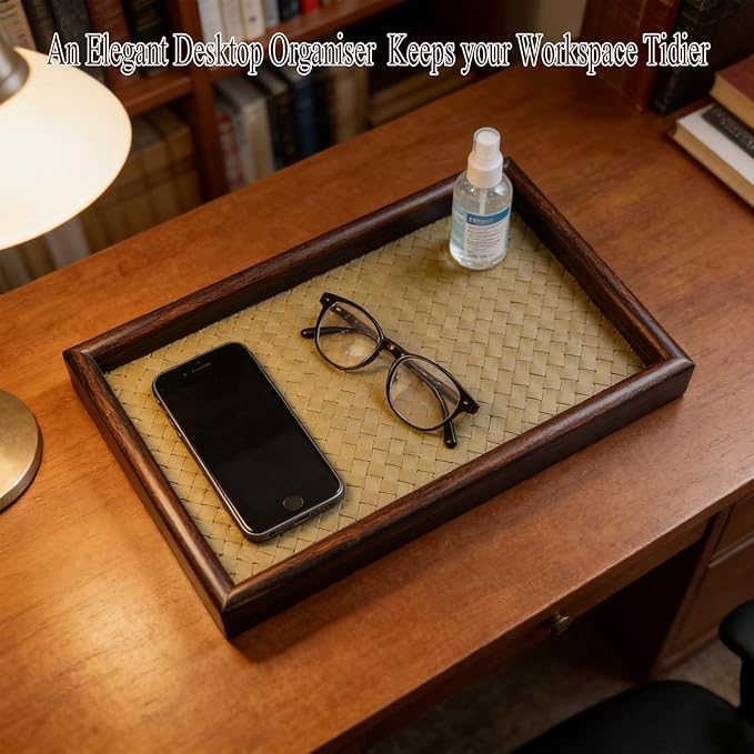 11.8x7.9 Desk Organizer Tray Wooden Storage with Leather Base, Versatile Tray Table for Nightstand Entryway Vanity Desktop(Green)