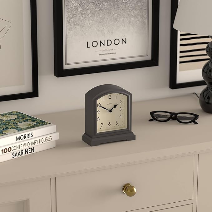 JONES CLOCKS® Tavern Mantel Clock | Modern Arch top Design | Dark Gray | Contemporary Classic Style for Desk, Table, Shelf or Bedside