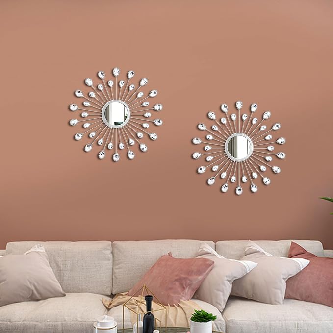2 Pack Metal Mirrors for Wall Boho Sunburst Wall Mirror Home Decor Modern Decorative Wall Art for Bedroom Living Room Entryway