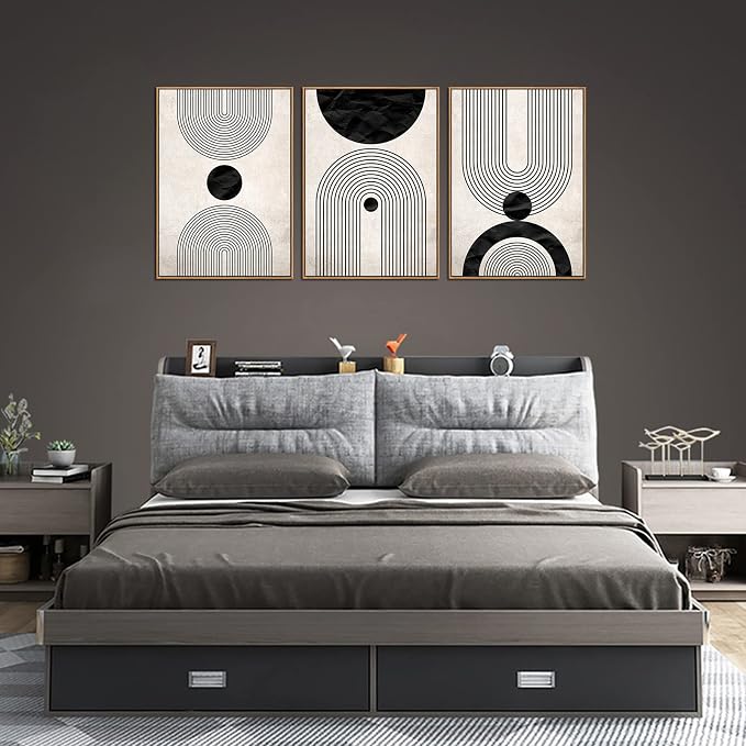 Framed Wall Art Canvas Set Mid Century Boho Pictures Modern Abstract Geometric Wall Decor Minimalist Black Beige Bohemian Canvas Painting Artwork for Living Room Bedroom Office 20"x28"x3 Natural