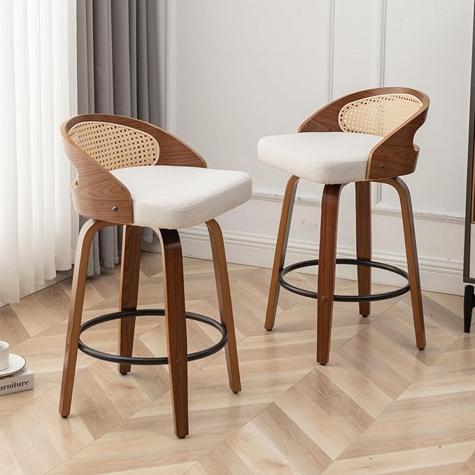 26" Swivel Rattan Bar Stools Set of 3 Mid-Century Modern Beige Linen Fabric Upholstered Counter Height Stools,Kitchen Island Barstools with Rattan Low Backrest,Walnut Wood Finish Bar Chair