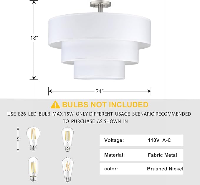 Doraimi Lighting 3 Tier White Linen Drum Fabric Semi Flush Mount Light Modern Farmhouse Decor 7 Light 24 Inch Brushed Nickel Finish for Kitchen Living Room Dining Room Corridor Hallway
