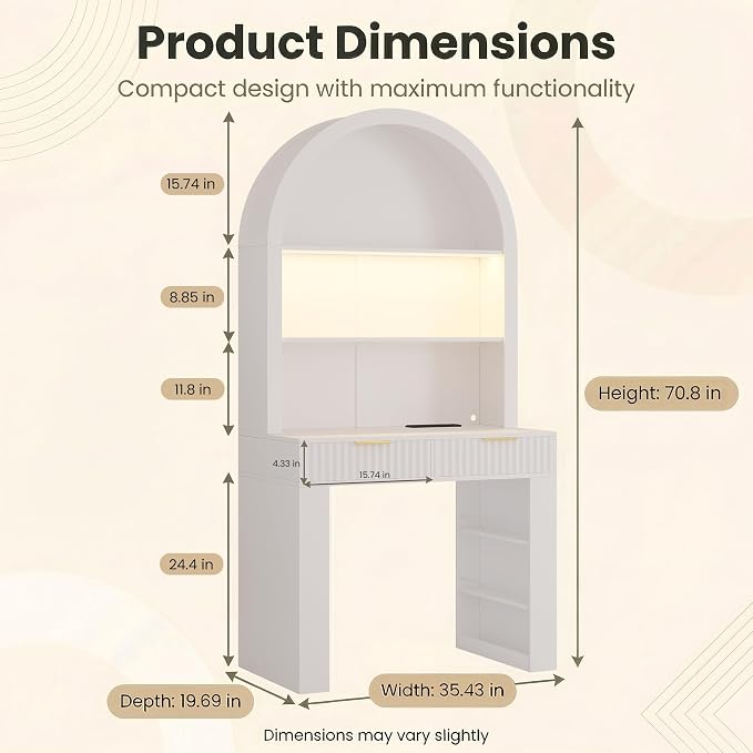 Arched Desk for Home Office, Computer Desk with 2 Drawers & Hutch, Wood Writing Desk with Power Outlets, 3 Color LED Lights, Side Open Shelves, Modern Fluted Design, 35.4" W x 70.8" H (White)
