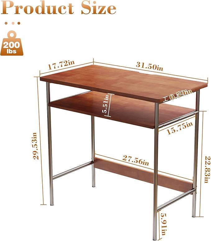 100% Solid Wood Desk, 31.5" Writing Computer Desk for Small Spaces, Vintage Home Office Desks, Mid Century Modern Desks with Thickened Stainless Steel Legs for Study, Makeup & Workstation (Cherry)