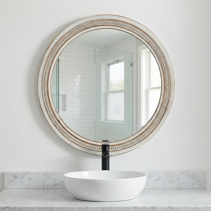 23.62'' Vintage Round Wall Mirror with Ornate Beaded Trim Frame & Pre-Installed Hanging, Decorative Mirror with Large Reflective Surface for Bathroom Bedroom Living Room, Natural